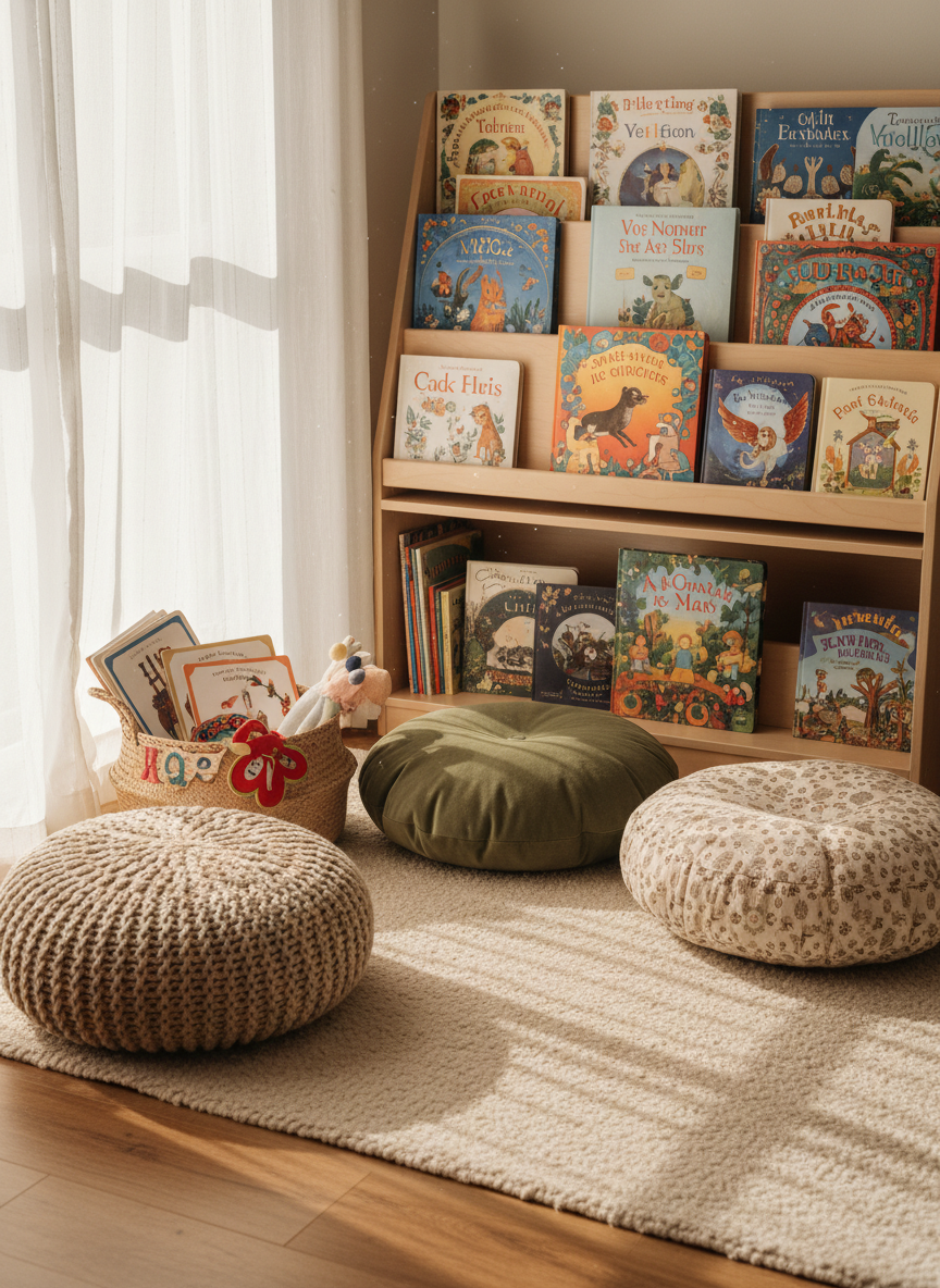 A cozy early childhood reading corner featuring a low, light-wood bookshelf filled with developmentally appropriate picture books, each with bright, detailed covers facing outward. A plush, neutral-toned rug and a few textured floor cushions are arranged in a semi-circle, with a small woven basket of simple, hands-on literacy activities beside them. Soft afternoon light filters through sheer curtains, creating a gentle, diffused glow and subtle shadows on the floor. The composition is shot at child’s-eye level with photographic realism, emphasizing the inviting textures of fabric, wood, and paper. The mood is nurturing and focused, suggesting a space designed to support young children’s language development and love of learning in a professional yet warm environment.
