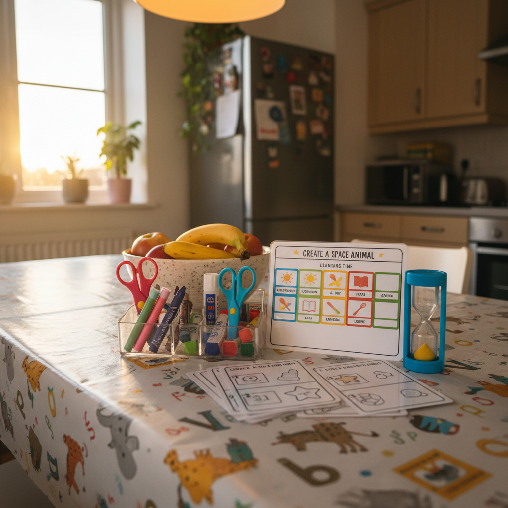 A family-friendly kitchen table transformed into a home learning station, featuring a wipeable tablecloth, a clear plastic organizer filled with crayons, child-safe scissors, and glue sticks, and a stack of simple, printed activity cards with icons and step-by-step instructions. A small, colorful timer and a sturdy, laminated routine chart are propped upright against a ceramic fruit bowl. Early evening natural light from a nearby window mingles with warm overhead lighting, creating a cozy, balanced glow and soft, overlapping shadows. Photographic realism, shot at a slight angle with shallow depth of field, keeps the activity cards and organizer sharply in focus while the background blurs into soft shapes of cabinets and appliances. The scene feels approachable, practical, and supportive of families engaging in everyday learning at home.