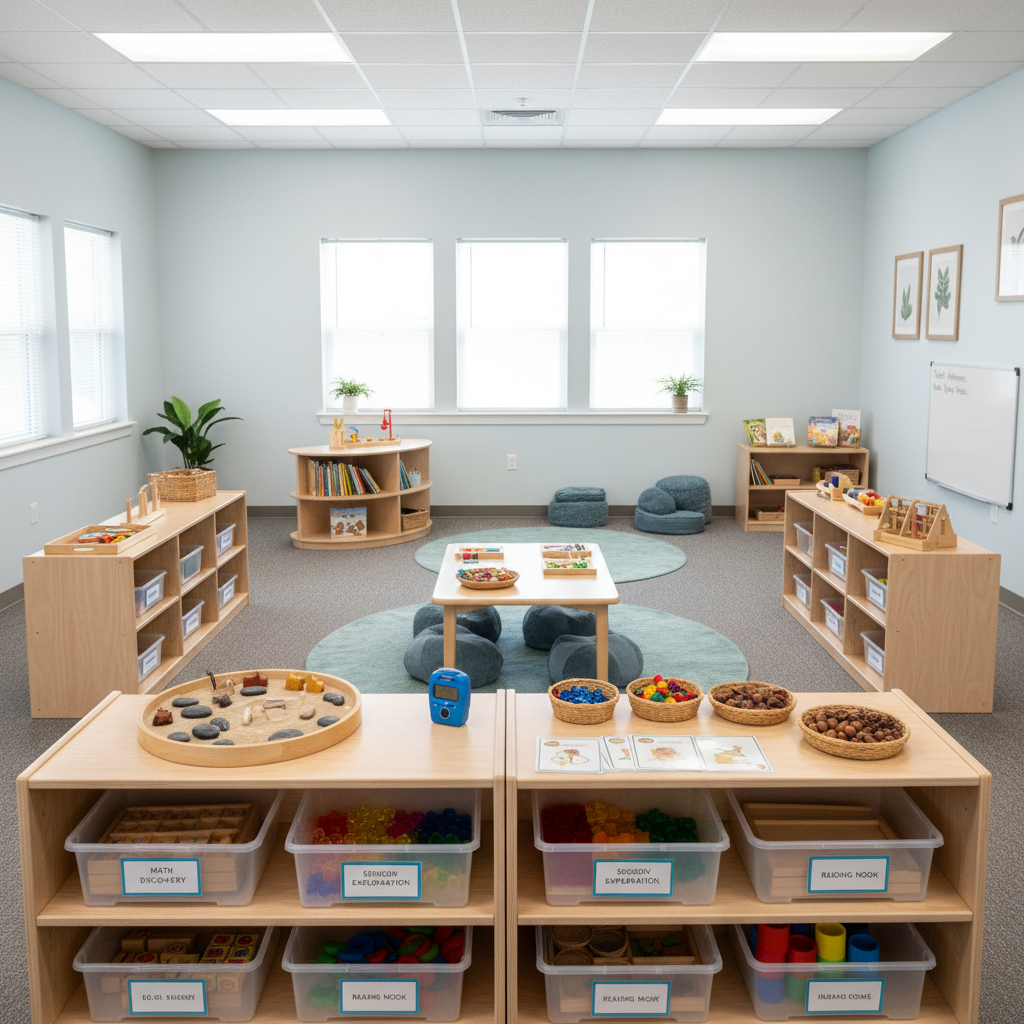 A spacious, well-organized early learning environment with low, open shelving made of light wood, each cubby containing clearly labeled trays of activity plans, sensory bins with natural materials, and simple math and science provocations. On a central child-height table, laminated activity cards and a durable timer are arranged beside small baskets of manipulatives. Large windows allow diffused, overcast daylight to evenly illuminate the room, minimizing harsh shadows and creating a soft, calm ambiance. Photographic realism with a wide-angle, slightly elevated composition shows the full layout in sharp focus, emphasizing clarity and order. The mood is professional, evidence-informed, and welcoming, portraying a thoughtfully prepared space that supports children’s exploration, self-directed learning, and overall development.